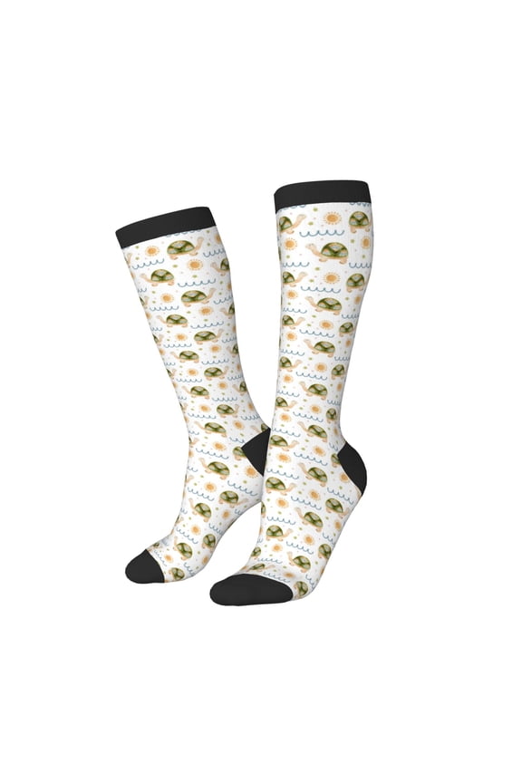 Women Crew Soft Moisture-wicking Socks Sea Turtle Basking in the Sun Pattern Design Cotton Socks, One Size fit All