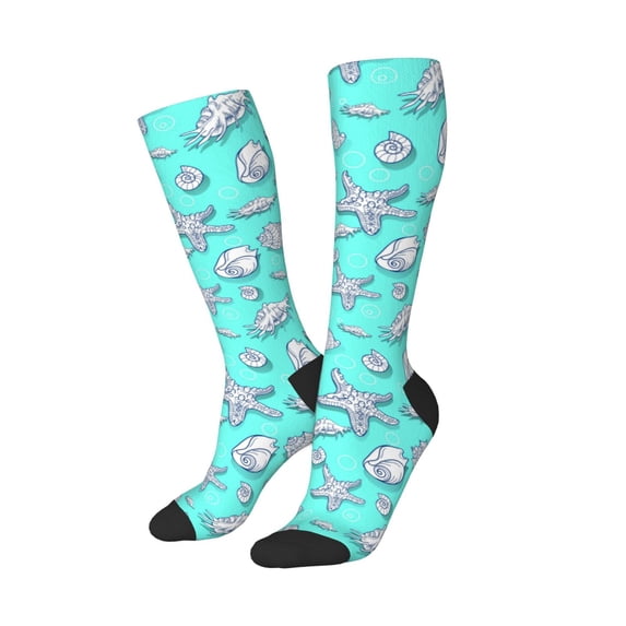 Picia Women Crew Soft Moisture-wicking Socks Seashell And Starfish Pattern Design Cotton Socks, One Size fit All