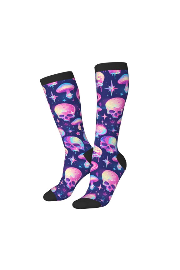 Women Crew Soft Moisture-wicking Socks Skull rainbow color Pattern Design Cotton Socks, One Size fit All