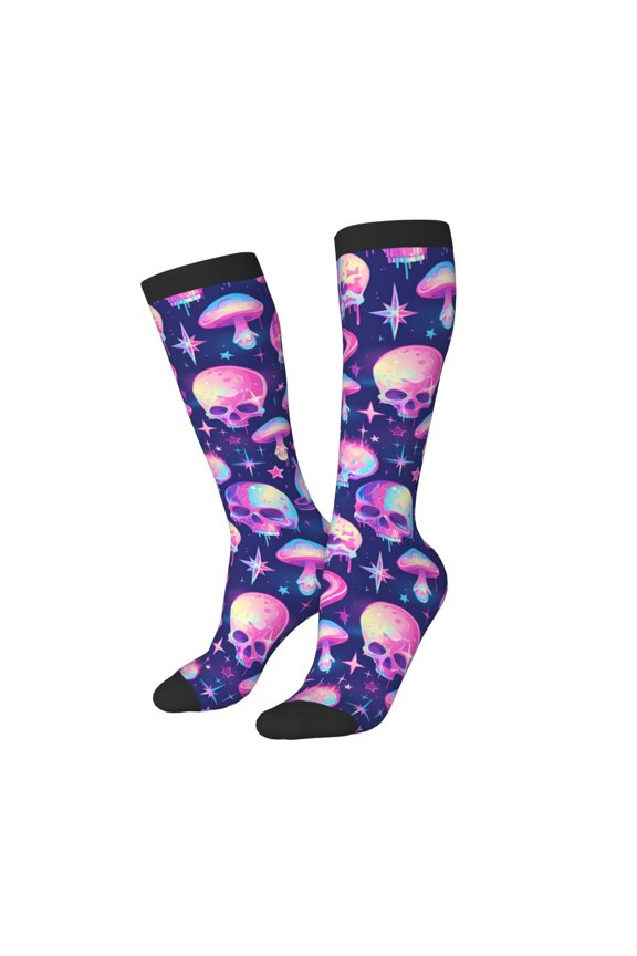 Women Crew Soft Moisture-wicking Socks Skull rainbow color Pattern Design Cotton Socks, One Size fit All