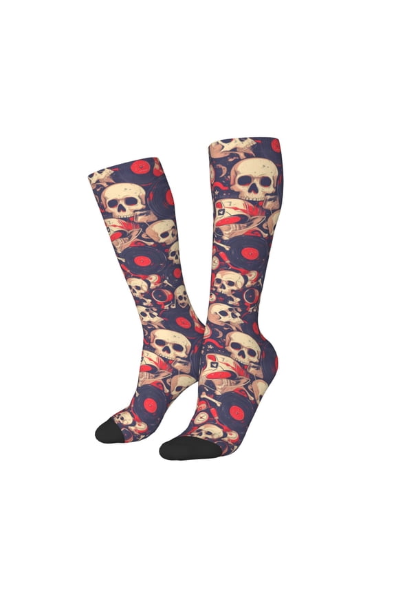 Women Crew Soft Moisture-wicking Socks Skull rock music record Pattern Design Cotton Socks, One Size fit All