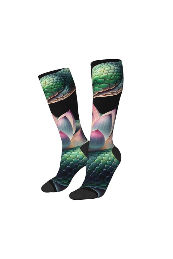 Women Crew Soft Moisture-wicking Socks Snake Holding A Lotus Pattern Design Cotton Socks, One Size fit All