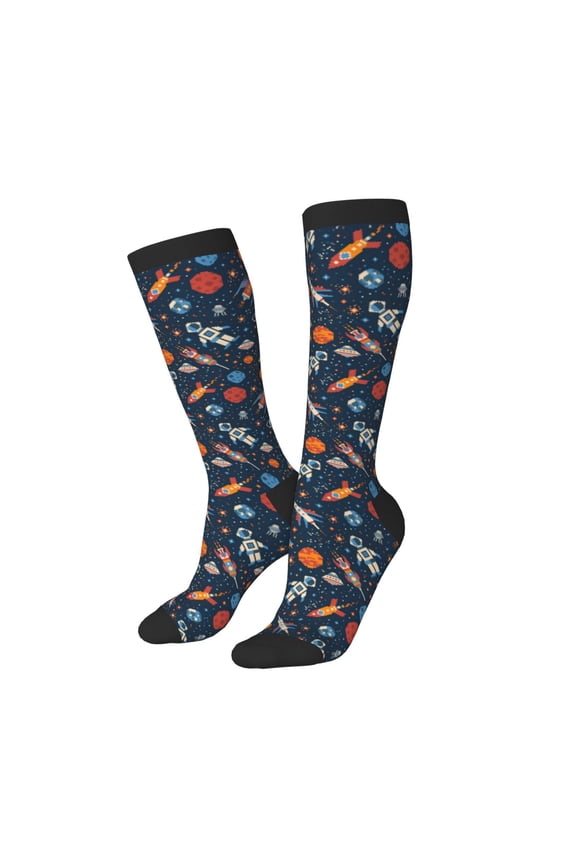 Women Crew Soft Moisture-wicking Socks Spaceships And Stars In Outer Space Pattern Design Cotton Socks, One Size fit All