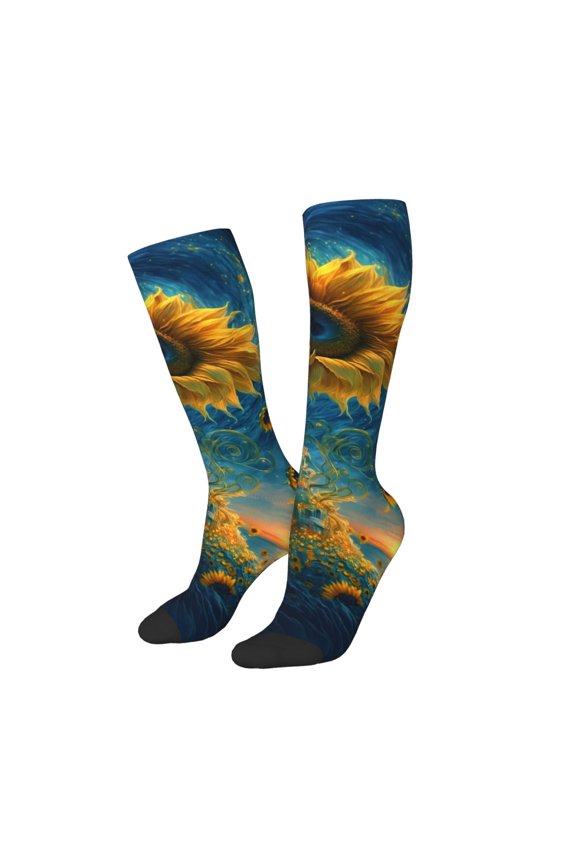 Women Crew Soft Moisture-wicking Socks Sunflower Castle Starry Sky Pattern Design Cotton Socks, One Size fit All