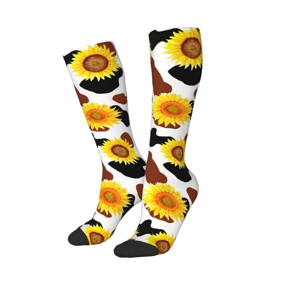 Picia Women Crew Soft Moisture-wicking Socks Sunflower Cow Pattern Design Cotton Socks, One Size fit All