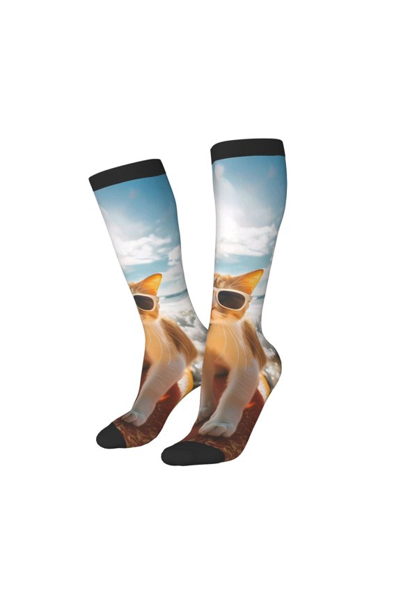 Women Crew Soft Moisture-wicking Socks Surfing Cat Sun Pattern Design Cotton Socks, One Size fit All