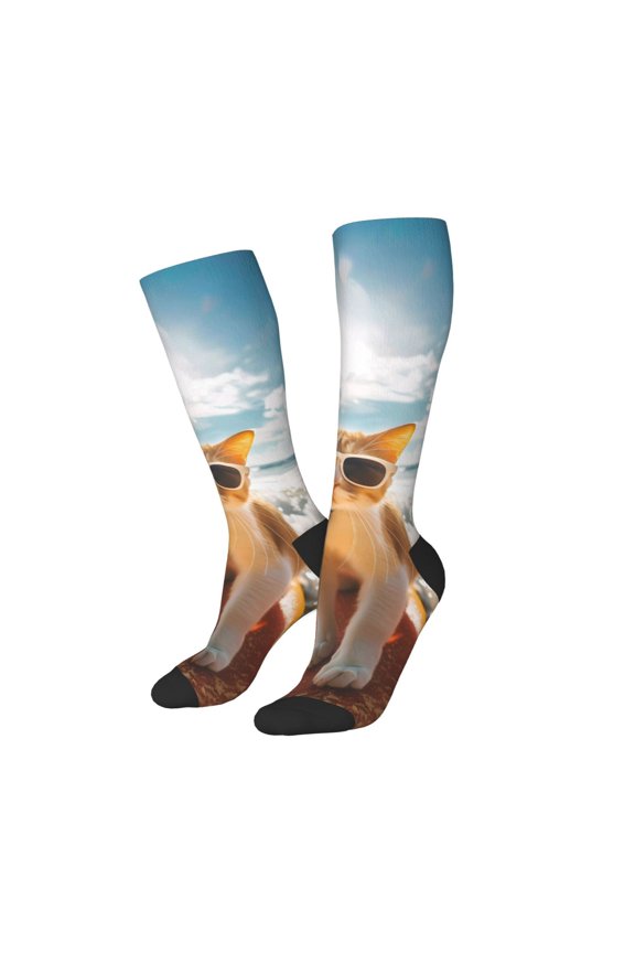 Women Crew Soft Moisture-wicking Socks Surfing Cat Sun Pattern Design Cotton Socks, One Size fit All