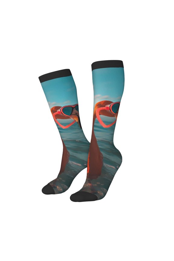 Women Crew Soft Moisture-wicking Socks Swimming Goggled Flamingo Pattern Design Cotton Socks, One Size fit All