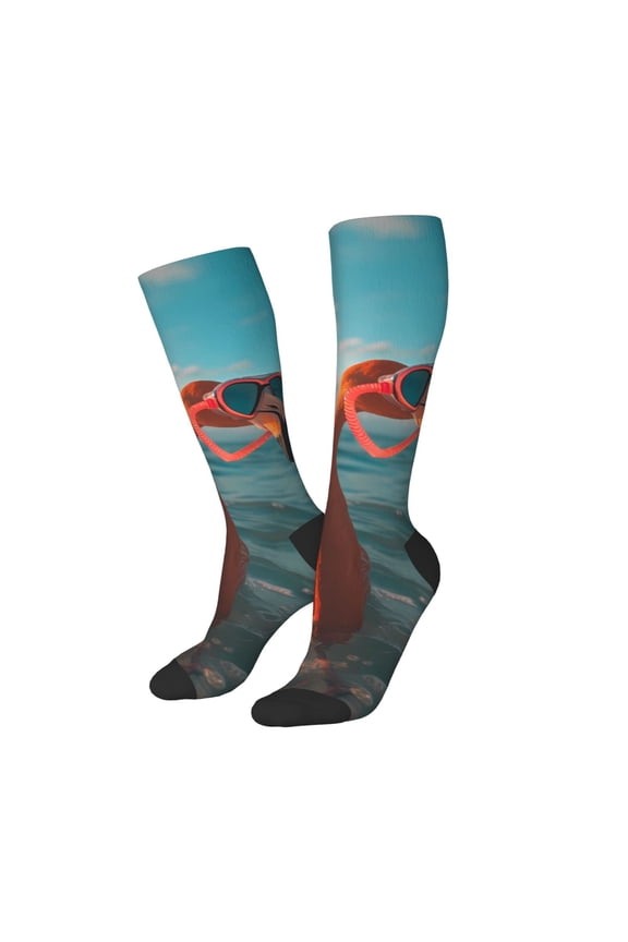 Women Crew Soft Moisture-wicking Socks Swimming Goggled Flamingo Pattern Design Cotton Socks, One Size fit All