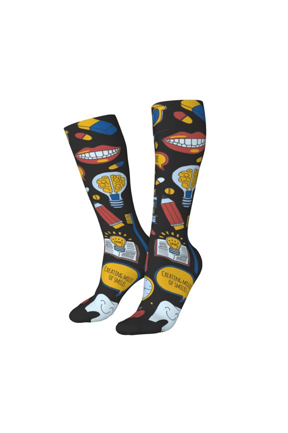 Women Crew Soft Moisture-wicking Socks Teeth Pattern Design Cotton Socks, One Size fit All