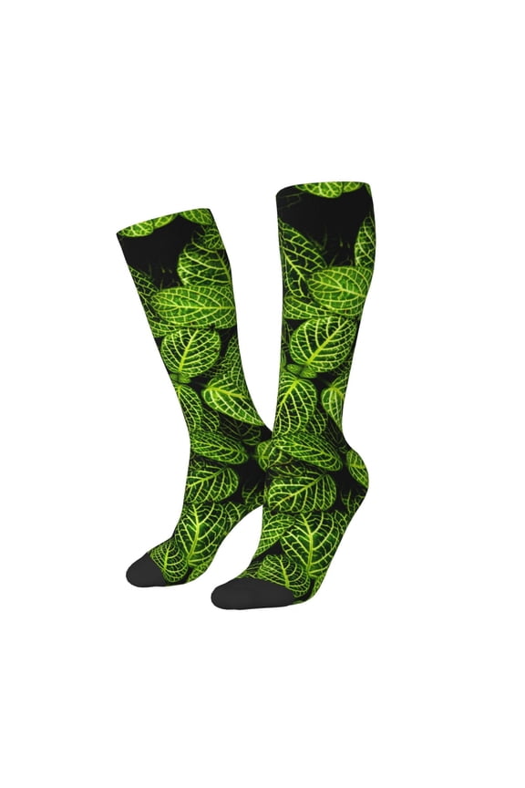 Women Crew Soft Moisture-wicking Socks Tiny Green Fern Leaves Pattern Design Cotton Socks, One Size fit All