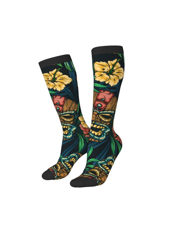 Women Crew Soft Moisture-wicking Socks Tropical Tribe Mask Pattern Design Cotton Socks, One Size fit All