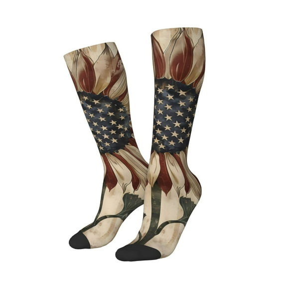 Picia Women Crew Soft Moisture-wicking Socks USA Sunflower Flag Pattern Design Cotton Socks, One Size fit All