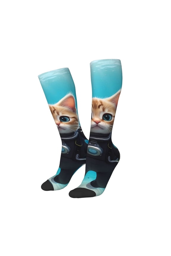 Women Crew Soft Moisture-wicking Socks Underwater Diving Cat Pattern Design Cotton Socks, One Size fit All