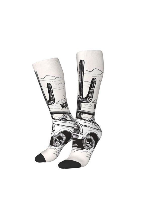 Women Crew Soft Moisture-wicking Socks Vintage Cactus Pickup Pattern Design Cotton Socks, One Size fit All