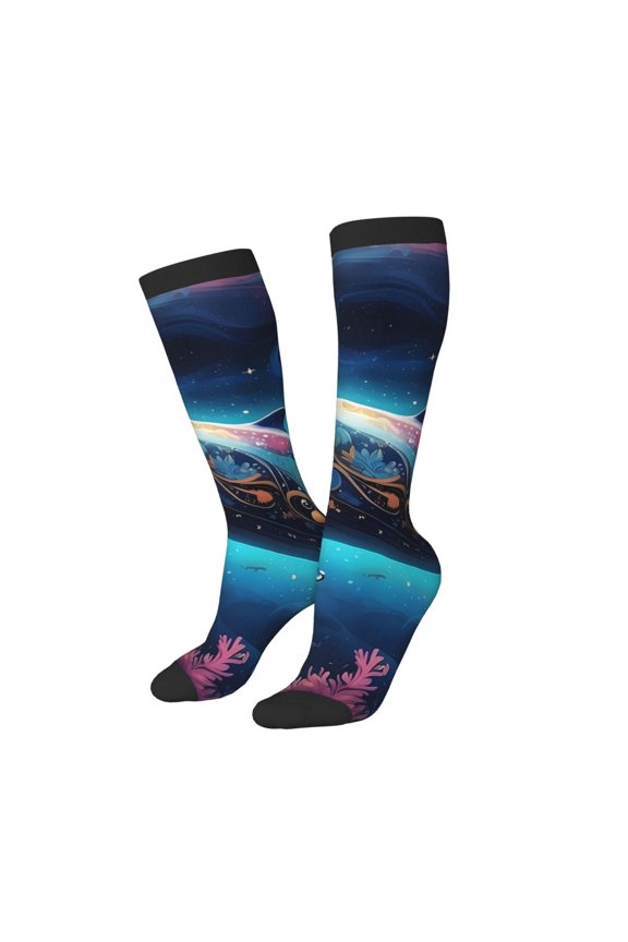 Women Crew Soft Moisture-wicking Socks Vintage Colorful Patterned Dolphin Pattern Design Cotton Socks, One Size fit All