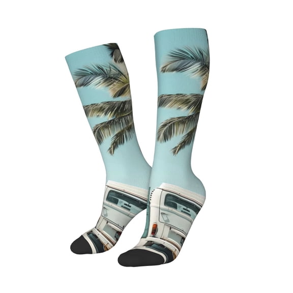 Picia Women Crew Soft Moisture-wicking Socks Vintage Surf Van Beach Pattern Design Cotton Socks, One Size fit All