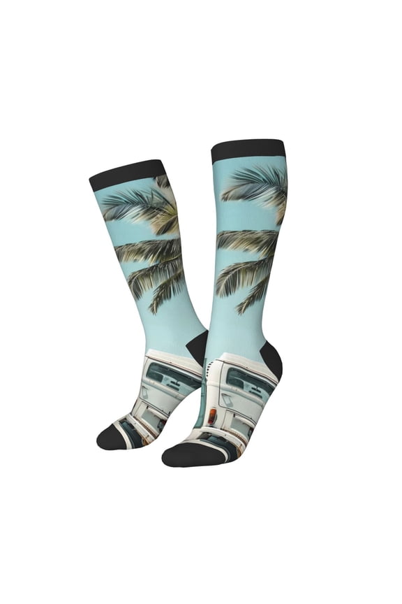 Women Crew Soft Moisture-wicking Socks Vintage Surf Van Beach Pattern Design Cotton Socks, One Size fit All