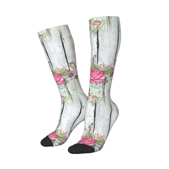 Picia Women Crew Soft Moisture-wicking Socks Vintage Wood with Floral Pattern Design Cotton Socks, One Size fit All