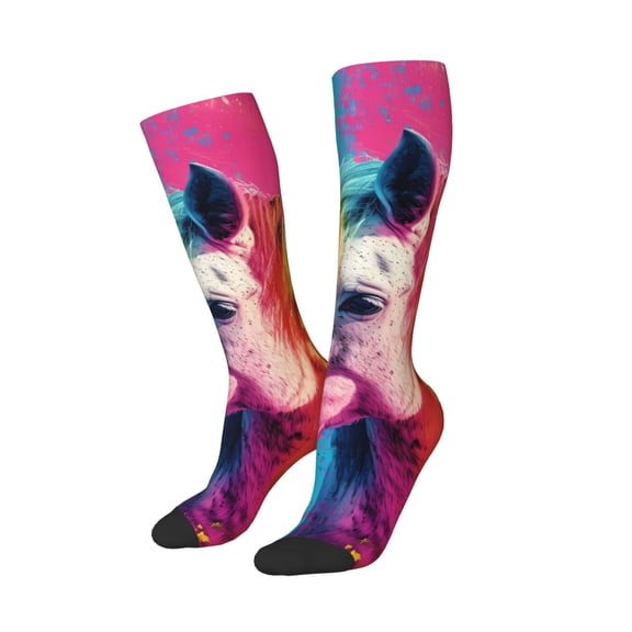 Picia Women Crew Soft Moisture-wicking Socks Watercolor White Horse Pattern Design Cotton Socks, One Size fit All