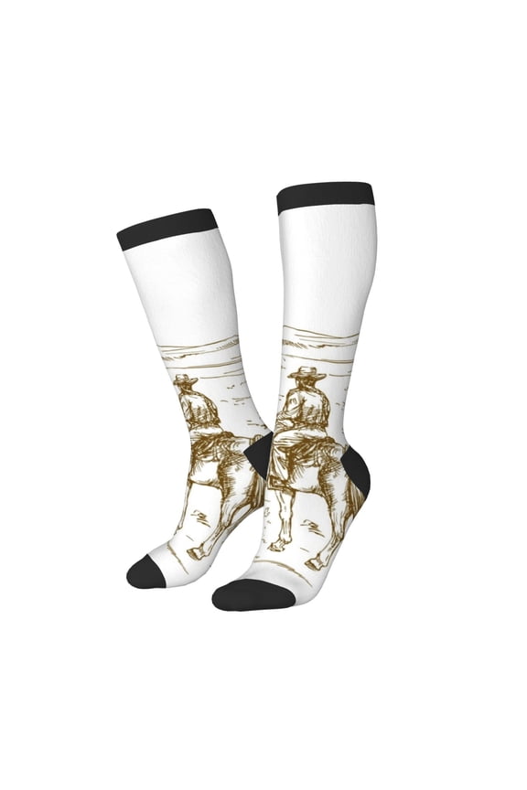 Women Crew Soft Moisture-wicking Socks Western Desert Cowboys Pattern Design Cotton Socks, One Size fit All