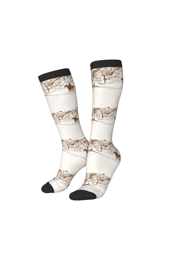 Women Crew Soft Moisture-wicking Socks Western Desert Cowboys Pattern Design Cotton Socks, One Size fit All