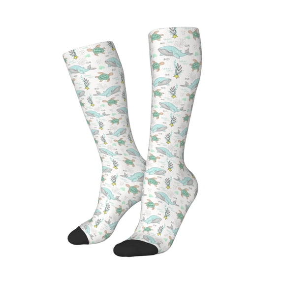 Picia Women Crew Soft Moisture-wicking Socks Whale And Turtle Pattern Design Cotton Socks, One Size fit All