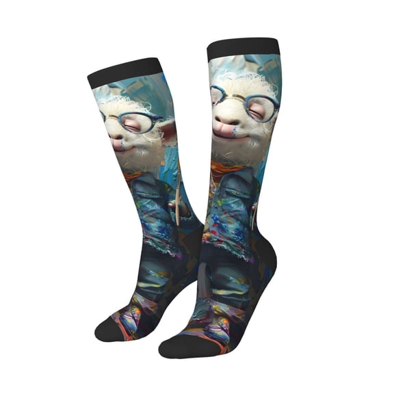 Picia Women Crew Soft Moisture-wicking Socks Whimsical Goat Artist Pattern Design Cotton Socks, One Size fit All