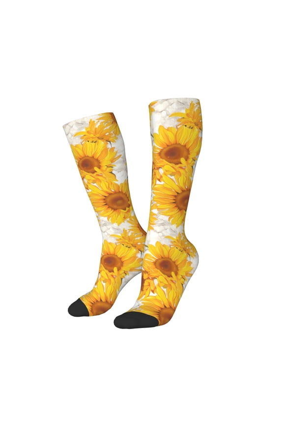 Women Crew Soft Moisture-wicking Socks White Marble Pattern Sunflower Pattern Design Cotton Socks, One Size fit All