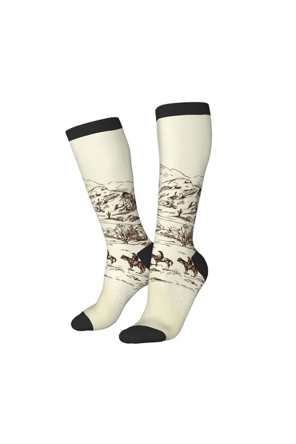 Women Crew Soft Moisture-wicking Socks Wild West Desert With Cowboys Pattern Design Cotton Socks, One Size fit All