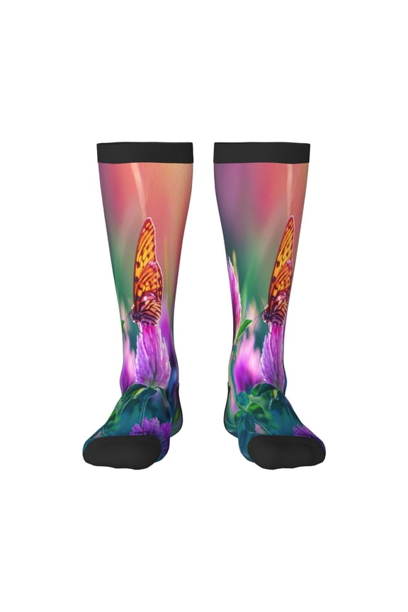 Women Crew Soft Moisture-wicking Socks Wild flowers of clover and butterfly Pattern Design Cotton Socks, One Size fit All