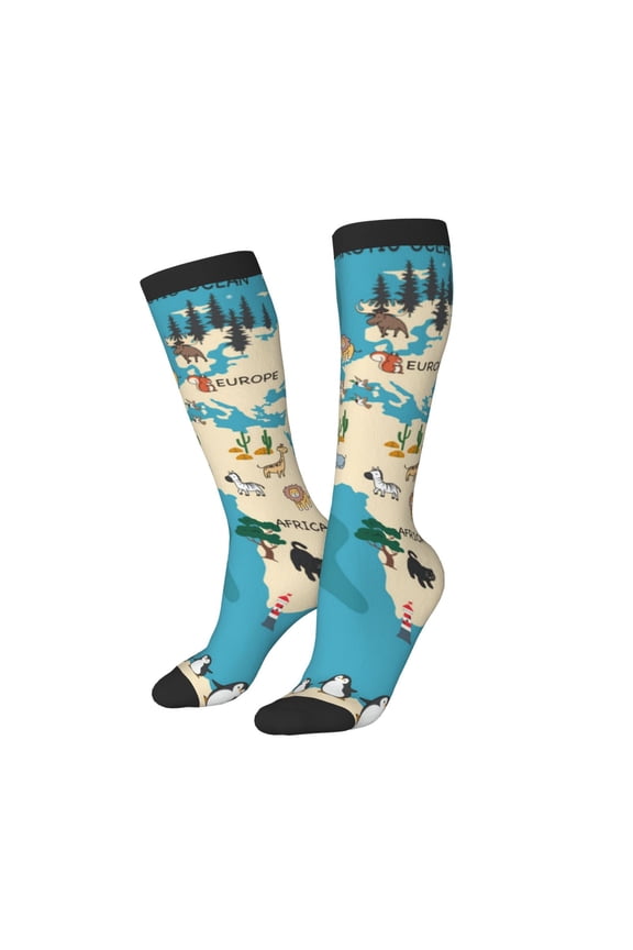 Women Crew Soft Moisture-wicking Socks World Map With Animal Pattern Design Cotton Socks, One Size fit All