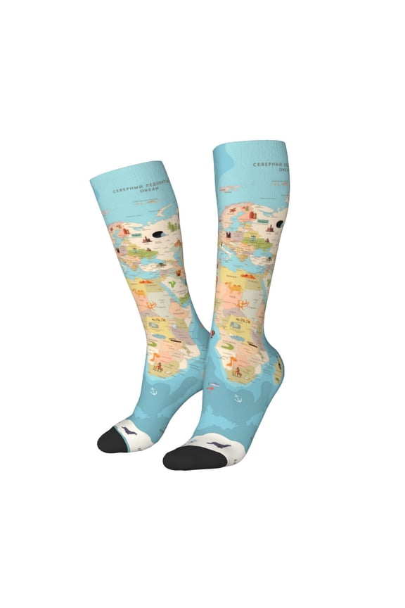 Women Crew Soft Moisture-wicking Socks World Map With Animals 1 Pattern Design Cotton Socks, One Size fit All