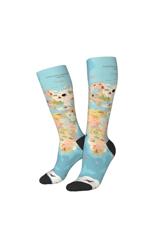 Women Crew Soft Moisture-wicking Socks World Map With Animals 1 Pattern Design Cotton Socks, One Size fit All