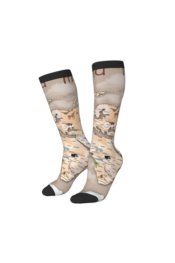 Women Crew Soft Moisture-wicking Socks World Map With Animals Pattern Design Cotton Socks, One Size fit All