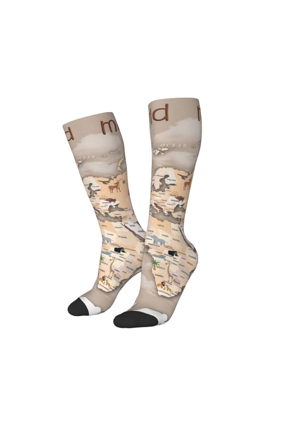 Women Crew Soft Moisture-wicking Socks World Map With Animals Pattern Design Cotton Socks, One Size fit All