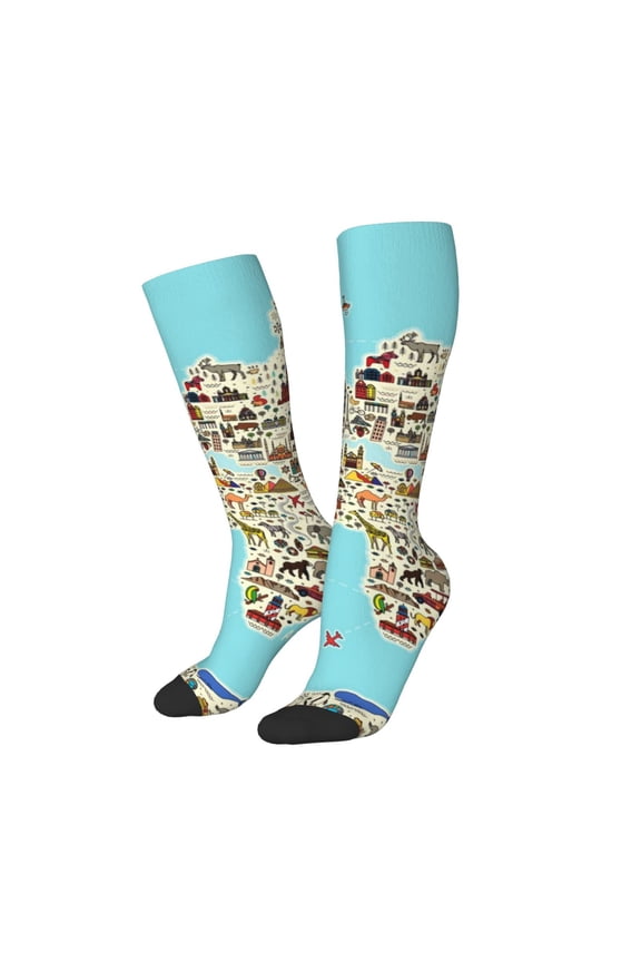 Women Crew Soft Moisture-wicking Socks World Travel Line Icons Map Pattern Design Cotton Socks, One Size fit All