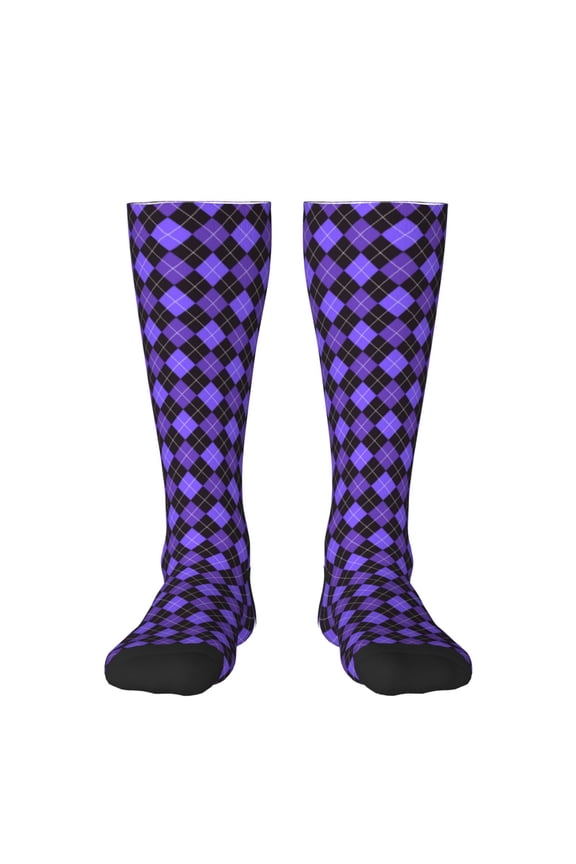 Women Crew Soft Moisture-wicking Socks purple argyle Pattern Design Cotton Socks, One Size fit All