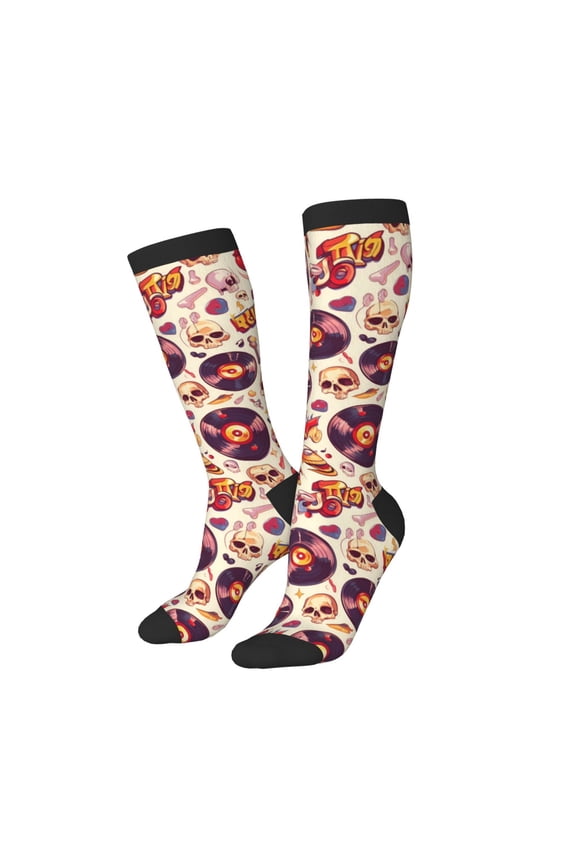 Women Crew Soft Moisture-wicking Socks rock music Skull record Pattern Design Cotton Socks, One Size fit All