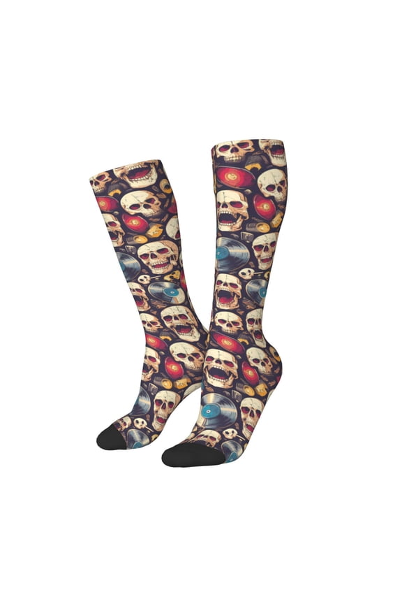 Women Crew Soft Moisture-wicking Socks rock record music Skull Pattern Design Cotton Socks, One Size fit All
