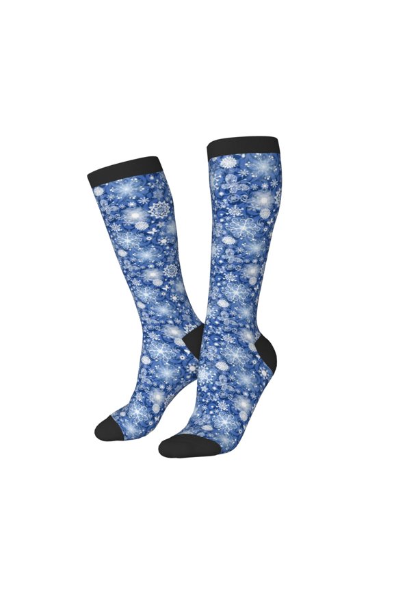 Women Crew Soft Moisture-wicking Socks whiet Snowflake blue background Pattern Design Cotton Socks, One Size fit All