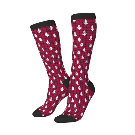 Picia Women Crew Soft Moisture-wicking Socks white Tree red plaid Pattern Design Cotton Socks, One Size fit All