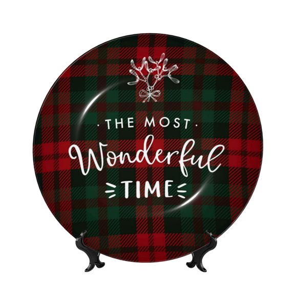 Picia Wonderful Time Christmas Pattern Bone China Decorative Plate – Wall Decor with Stand and Adhesive, Elegant Ornament for Living Room, Office, or Entryway-7in