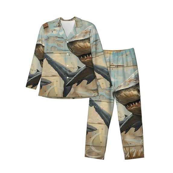 Picia Wood Grain Shark Pattern Men’s Long-Sleeve Sleepwear Set - Soft 2-Piece Loungewear with Pockets, Comfy PJs for Relaxing Nights-Medium