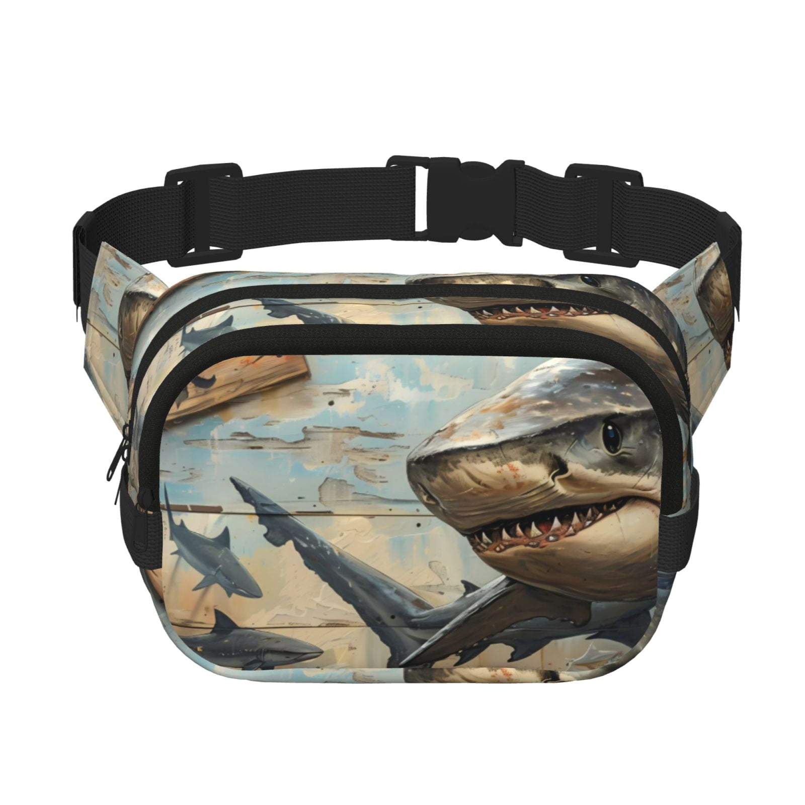 Picia Wood Grain Shark Print Square Double-Layer Waist Bag Mini Adjustable Waist Belt Bag Exercise Running Travel Hiking