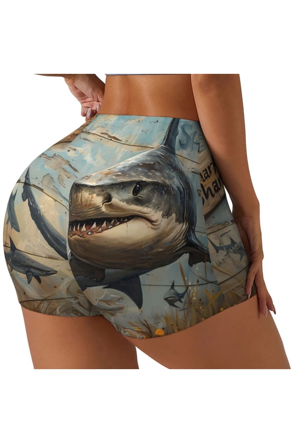 Wood Grain Shark Printed Workout Shorts for Women Seamless Scrunch Butt Lifting High Waisted Yoga Gym Booty Running Moisture-wicking Short Pants-Medium