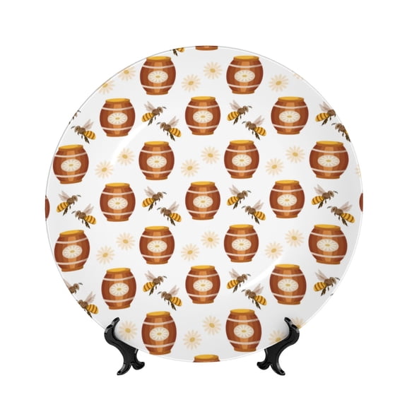 Picia Wooden Barrels With Honey Pattern Bone China Decorative Plate – Wall Decor with Stand and Adhesive, Elegant Ornament for Living Room, Office, or Entryway-6in