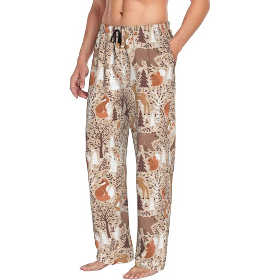 Picia Woodland Animals in Neutral Tones Mens Soft Woven Cotton Elastic Waistband Sleep Pajama Pant Lounge Sleep Pant With Pockets And Drawstring-Small