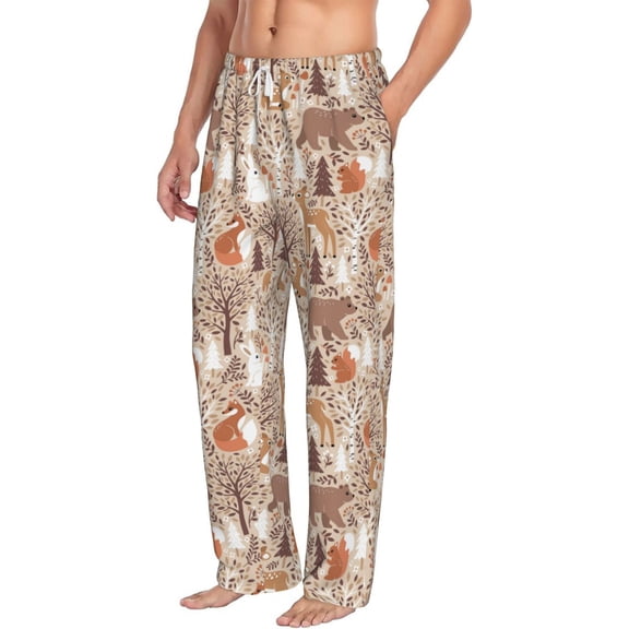Picia Woodland Animals in Neutral Tones Mens Soft Woven Cotton Elastic Waistband Sleep Pajama Pant Lounge Sleep Pant With Pockets And Drawstring-Small