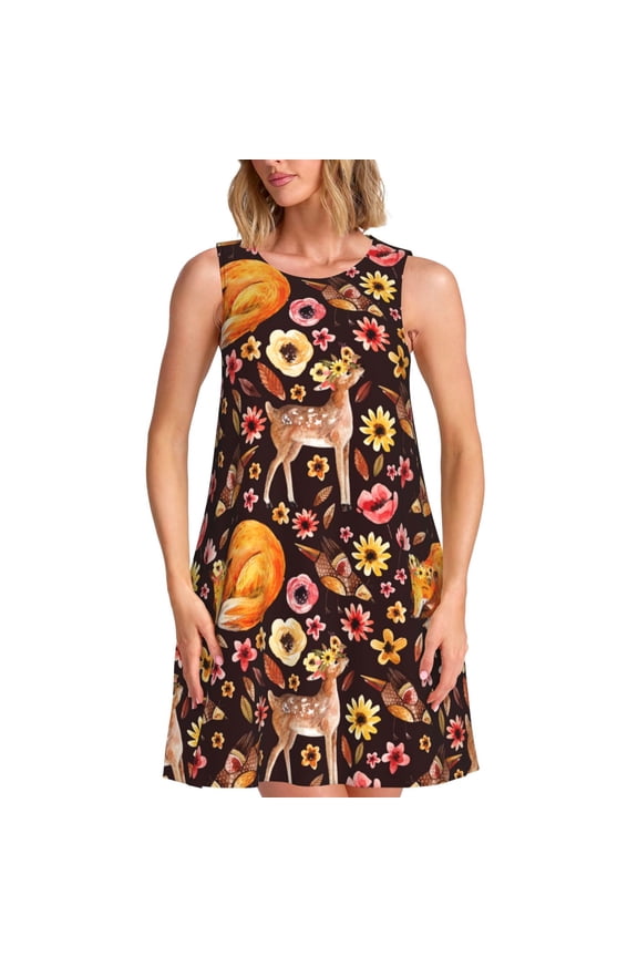 Woodland Creatures Floral Print Women’s Sleeveless Midi Swing Dress – A-Line Pleated Tank Sundress, Comfortable and Flowy T-Shirt Dress